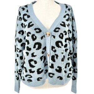 Cardigan Sweater Womens 2X Blue Black Leopard Print Acrylic by C&C California
